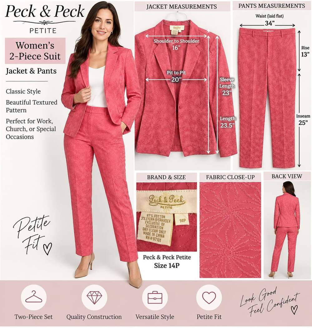 Peck & Peck Petite Women’s 14P Pink Coral Textured Blazer Pants Suit 2 Piece